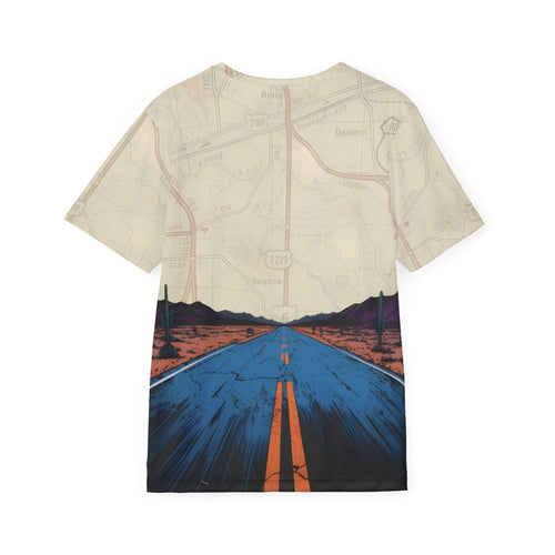 Don't Get Out Of The Car jersey: Strange Visitors logo over a straight two-lane highway running into desert hills under a blue sky, with a faded map print across the shoulders (view 2)