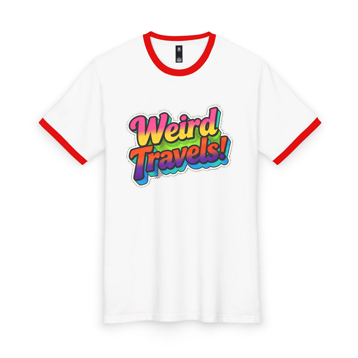Weird Travels Ringer Tee — Retro Rainbow Travel Graphic Shirt