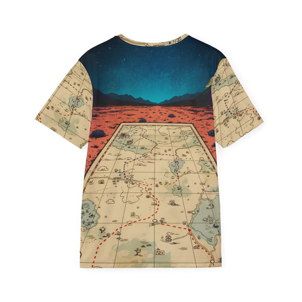 Here Be Visitors jersey: Strange Visitors logo over a rust-red desert and starry teal sky, with an antique map print covering the lower half of the shirt (view 2)