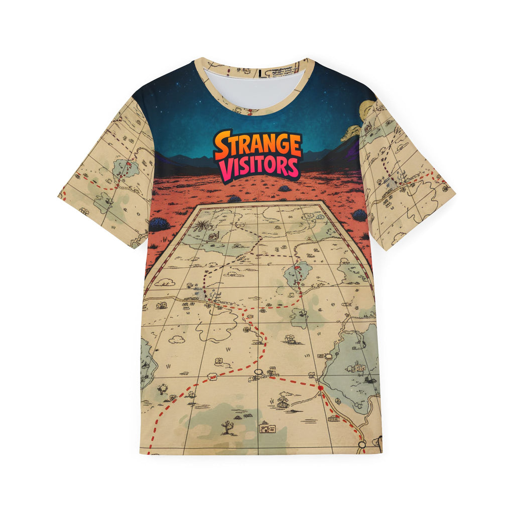 Here Be Visitors jersey: Strange Visitors logo over a rust-red desert and starry teal sky, with an antique map print covering the lower half of the shirt