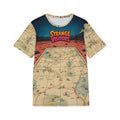 Here Be Visitors jersey: Strange Visitors logo over a rust-red desert and starry teal sky, with an antique map print covering the lower half of the shirt