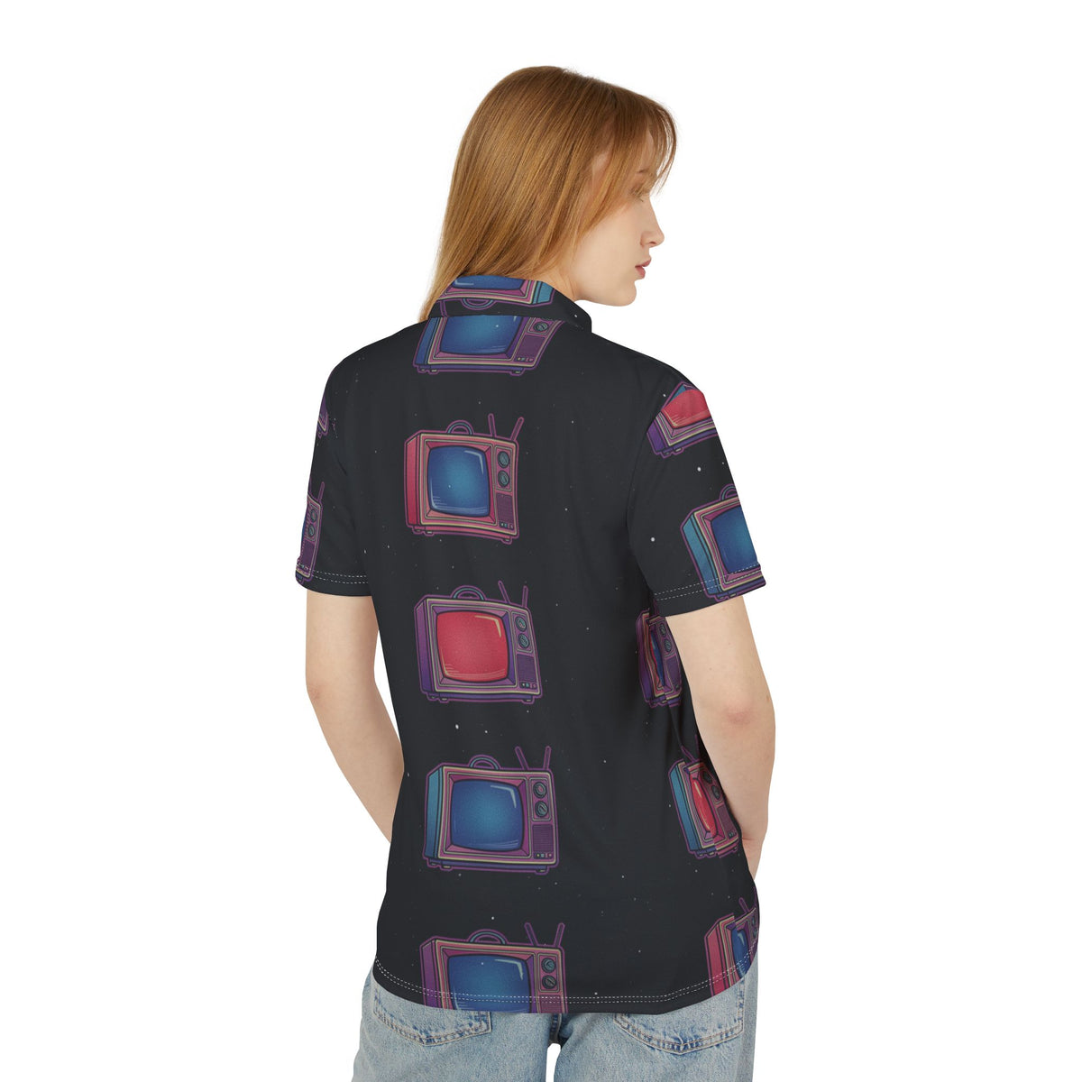 Retro TV Pattern Polo Shirt — Vintage Neon Television Print