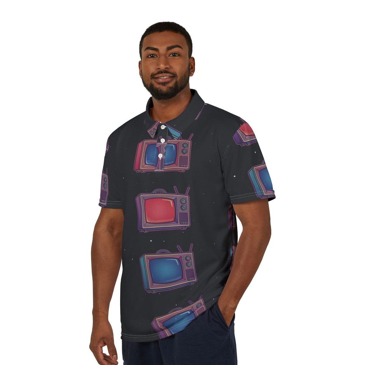 Retro TV Pattern Polo Shirt — Vintage Neon Television Print