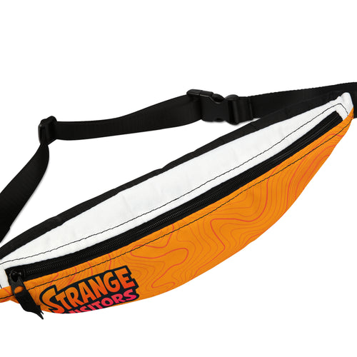 Carry The Weird fanny pack: an orange waist bag covered in topographic contour lines with the Strange Visitors logo, black zipper and adjustable black strap (view 2)