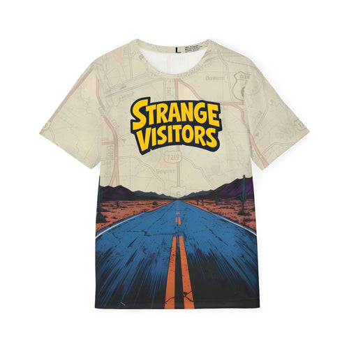 Don't Get Out Of The Car jersey: Strange Visitors logo over a straight two-lane highway running into desert hills under a blue sky, with a faded map print across the shoulders